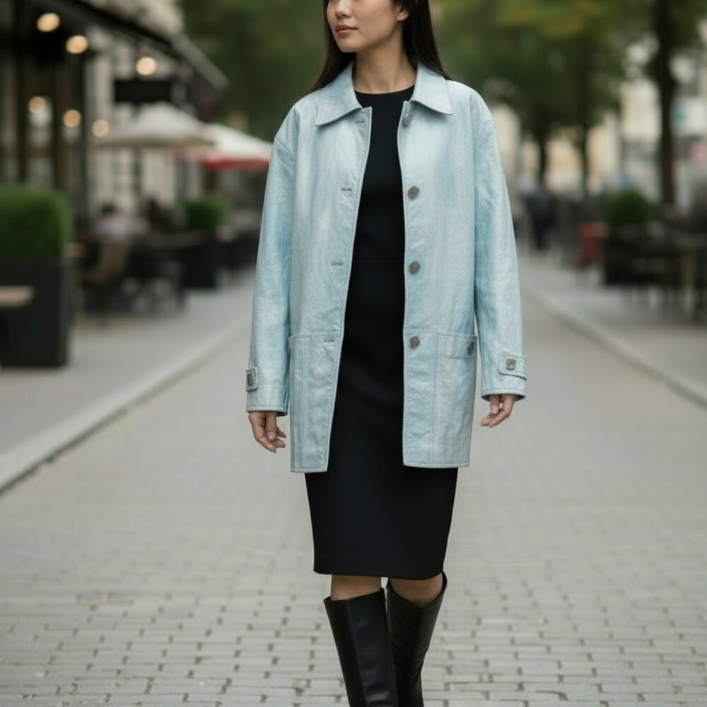 Vintage 80s BRAEFAIR Leather trench coat, Artsy Icy Blue wearable art, S 8 - Picture 8 of 14